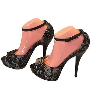 🤑Black lace crystal rhinestone platform stiletto heels